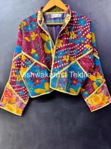 Chaqueta de cuello alto para mujer, estilo vintage Kantha, corta, acolchada, hecha a mano, reversible, ecológica, de patchwork, tejida, para invierno - Product Image 4