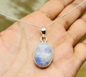 Moon <b>Face</b> Silver Necklace Moon <b>Face</b> Silver Pendant Necklace Moon <b>Face</b> Carving Gemstone Necklace for Women - Product Image 1
