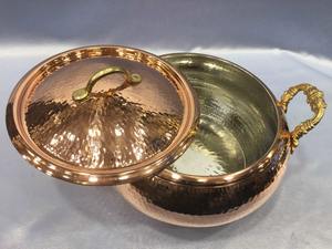 <b>Set</b> of 3 Hammered Copper Finished Casserole With Lid And Brass Handles Perfect For Traditional Hot Food <b>Serving</b> From India - Product Image 4