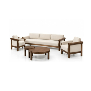 <b>Wooden</b> <b>Sofa</b> Set with Rounded Armrests and Oval Coffee Tables for Modern Living Room Hotel Lounge Furniture - Product Image 2