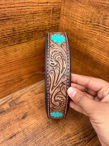 Collier de chien Western en cuir torsadé imprimé fleur Turquoise pour le cou collier de chien réglable en cuir véritable gravé rembourré pour animal de compagnie - Product Image 3