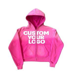 Sudadera con Capucha Personalizada de Fábrica, 100% Algodón, Estilo Francés, Lavado Ácido, Color Rosa, Estilo Urbano, con Cremallera y Bordado Aplicado para Hombre - Product Image 2