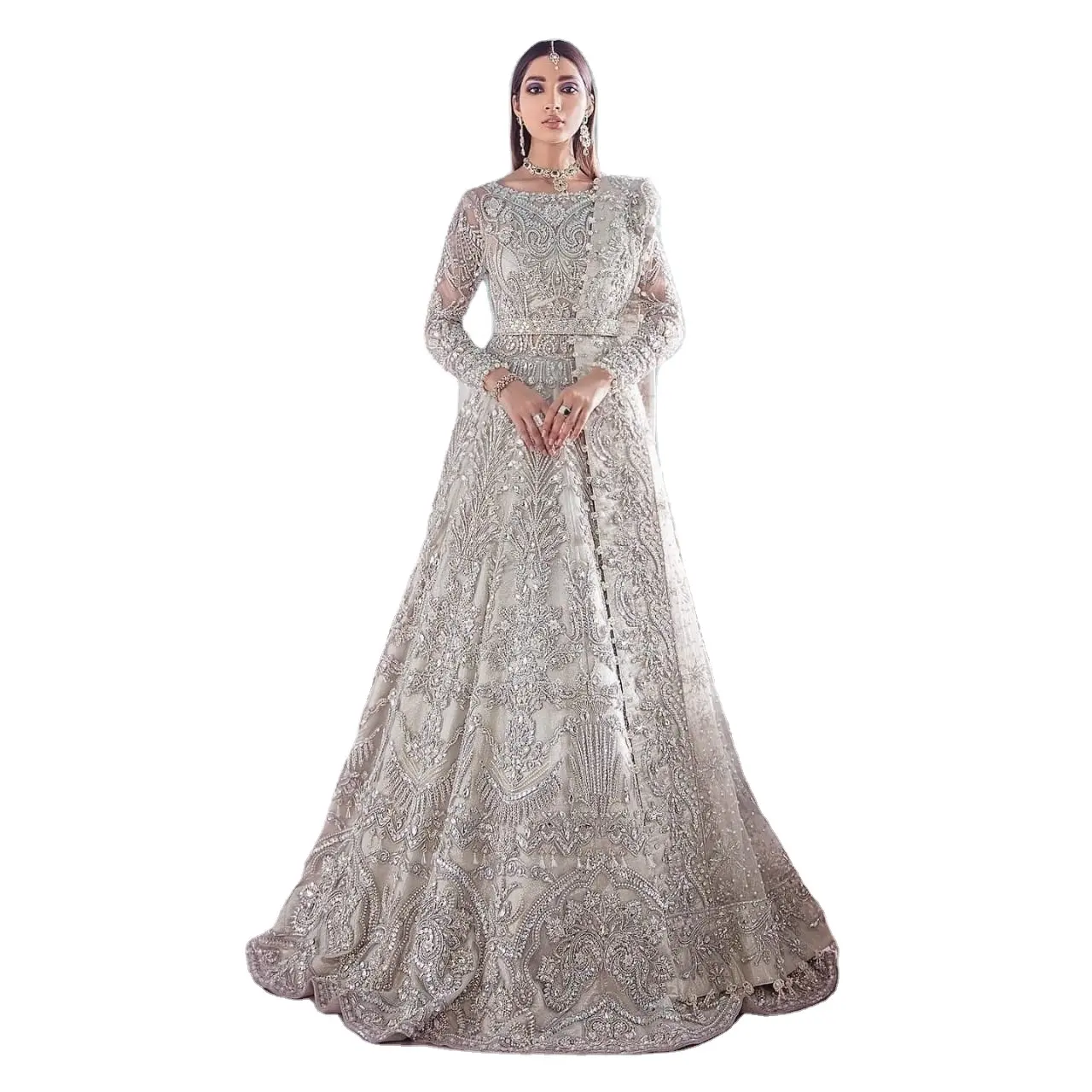 인도 파키스탄 최신 그물 수 놓은 Lehenga 무거운 세공 시퀀스 작업 뜨거운 판매 드레스 2023