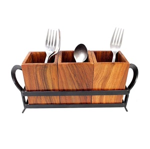 Soporte de cuchara de madera de lujo organizador de mesa multifuncional 2 tarros de hierro de madera estante de cubiertos para almacenamiento de cocina soporte de cuchara de cocina - Product Image 2