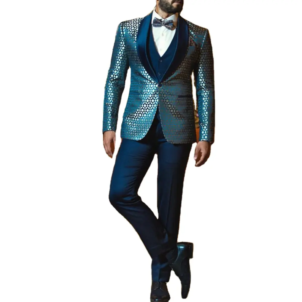 Shiny setelan pakaian kantor pria, jas Formal kasual jas celana rompi biru Slim Fit 3 potong