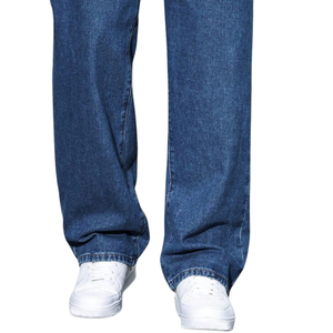 Mens Blue Solid Breathable Wide Leg Denim <b>Jeans</b> Drawstring <b>Elastic</b> <b>Waist</b> Loose Fit Straight Leg Casual Washed Pants Full Length - Product Image 5