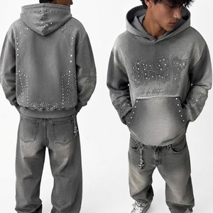 Sudadera con Capucha Personalizada con Pedrería Brillante, Lavada al Ácido, para Hombre, con Logotipo Estampado en la Parte Delantera, Felpa Francesa, 100% Algodón - Product Image 6