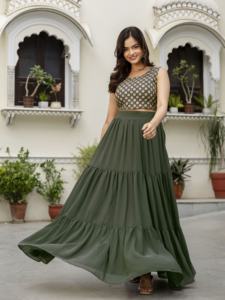 Trendmalls <b>Women's</b> Georgette Sequin Embroidery Crop Top Salwar with <b>Shrug</b> Party Suit Set (G279-Green) Ethnic - Product Image 6