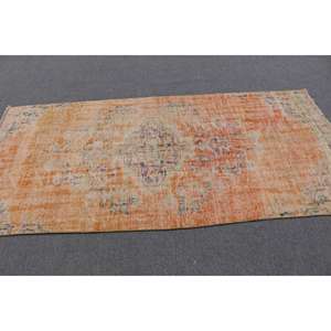 Alfombra Turca, Alfombra Vintage de 3.5x7.6 pies, Alfombra de Lana con Diseño a Cuadros Naranja y Azul - Product Image 3