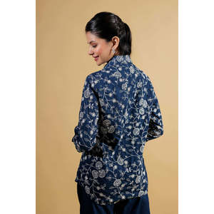 Elegante Conjunto Vintage Bordado en Verde y Blanco, Blazer y Pantalones Rectos de Mezcla de Algodón, Corte Regular para Otoño, Uso Diario - Product Image 5