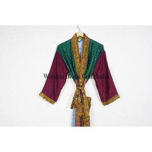 Handmade Elegant <b>Long</b> Silk Floral Sari <b>Kimono</b> Women High Quality Vintage Patchwork Bridesmaid <b>Robes</b> Free Size Summer Autumn - Product Image 2