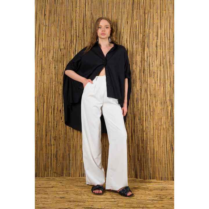Women's Black Short Balloon Sleeve Long Back Cotton Tunic Shirt