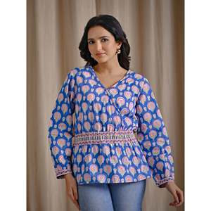 Haut court formel bleu en coton imprimé à la main pour femme, en tissu popeline, motif floral brodé, tailles XS à XL, col montant - Product Image 6