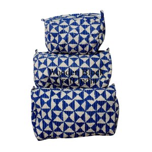 Indian Handmade 3 Pieces Set Quilted Cosmetic Kit Toiletry Pouch Best Quality Floral Block Printed Wholesale Cotton <b>Makeup</b> <b>Bag</b> - Product Image 1