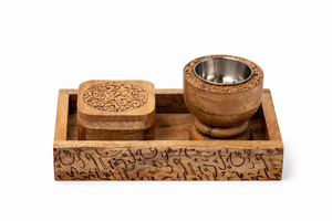 Juego de quemador de incienso Bakhoor de madera hecho a mano con tapa grabada, portainciensos árabe tradicional con inserto de metal - Product Image 3