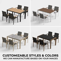 Ensemble de salle à manger d'extérieur 4 places |   Table en WPC avec cadre en aluminium, chaises en maille respirante, accoudoirs en bois |   Terrasse de parc d'hôtel résistante aux intempéries