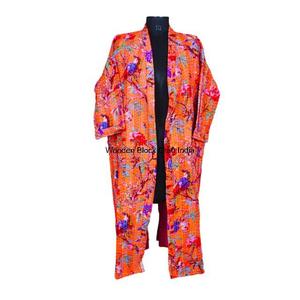 100% Cotton <b>Long</b> Vintage Organic Kantha Quilted <b>Kimono</b> <b>Robe</b> Handmade Indian Festival Spring Eco-Friendly Sleepwear - Product Image 1
