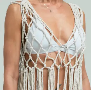 Gilet en macramé couleur Beige, haut à tricoter, Makramee-Kleid, haut en macramé, haut court de plage en macramé pour femme - Product Image 1