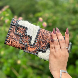 Hair on Hide <b>Fur</b> Leather Clutch Hand Tooled Carving Wallet Western Pattern Vintage Cowhide Leather Credit Cards Cash Wallet Gift - Product Image 3