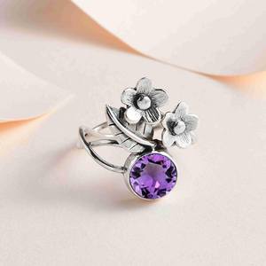 Premium Amethyst Floral Round Cut Gemstone <b>Ring</b> For Women Jewelry Sterling <b>Silver</b> Boho Engagement <b>Rings</b> <b>Statement</b> - Product Image 2