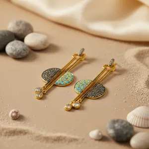 Boucles d'oreilles pendantes vintage plaquées or pour femmes, pierres précieuses bleues avec perle et diamant, or rose pour mariage et fête - Product Image 2