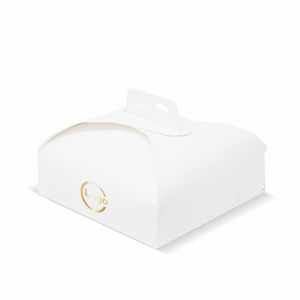 Boîtes à gâteaux personnalisées brillantes blanches avec poignée en matériau recyclé imprimées UV en 1 couleur - Product Image 3