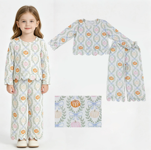 Conjuntos de ropa de otoño para bebés niñas con estampado de flores, calabazas y cuadros, top y pantalones acampanados con ribete festoneado - Product Image 4