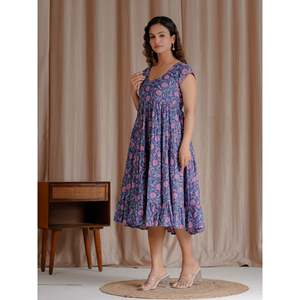 Vestido Azul de Algodón Mulmul con Estampado a Mano, Estilo Casual, Elegante, Gótico, para Oficina, Tallas XS-5XL, Transpirable y Moderno para Club, ODM - Product Image 4