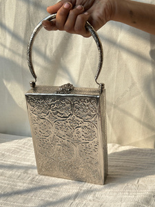 Vertical <b>Silver</b> Metal Box Handbag with Arched Handle Engraved Surface Luxury Womens Evening Wedding Carry <b>Purse</b> Export gift her - Product Image 3
