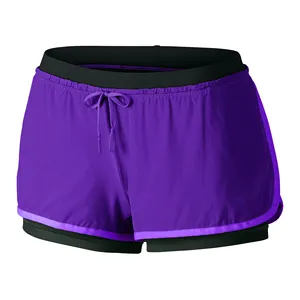 紫色外层黑色内装女式跑步短裤透气健身房瑜伽运动氨纶涤纶女式短裤
