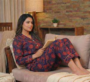 Conjunto de Pijama de Algodón Tejido Térmico para Mujer, Primavera/Verano, Estampado en Bloques, Hecho a Mano, Transpirable, Cuello en V, Largo Completo - Product Image 2