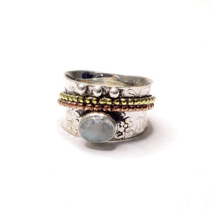 Alloy <b>Spinner</b> <b>Ring</b> with White Gold Bezel Setting 6.9 Gram Bohemian Moonstone Cluster Gift Licensed Private Brand 'IS' - Product Image 1