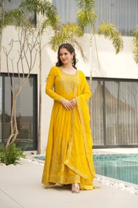 Designer Lourd Georgette Broderie Zari Paillettes-Travail Longue Robe Dupatta Belle Fonction de Mariage Indien Porter en Soie - Product Image 3