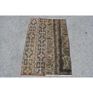 Vintage Turkish Small Rug 2.6x3.7 ft, <b>Brown</b> Blue Check <b>Wool</b> Rug - Product Image 1