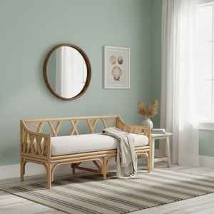 Banc en rotin tissé à la main avec cadre en bois massif solide et élégant pour patio, jardin ou salon - Product Image 4