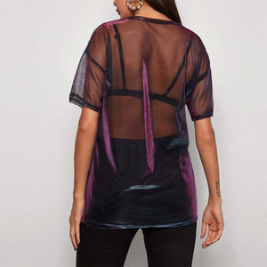 <b>Women</b>’s <b>Mesh</b> Drop Shoulder T Shirt Streetwear Custom Logo Casual Oversized Tee Lightweight Summer <b>Top</b> Wholesale - Product Image 2