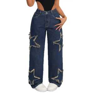 Pantalones Vaqueros de Mezclilla de Pierna Ancha y Cintura Alta para Mujer, Diseño con Parches de Estrellas, Poliéster y Algodón, Secado Rápido, Casuales - Product Image 1