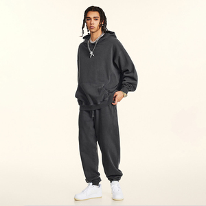 Ensemble pantalon de survêtement et sweat à capuche unisexe 380G 100% coton basique délavé vintage surdimensionné en tricot de grande taille - Product Image 2