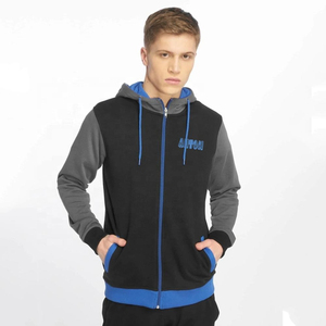 Sudadera con capucha negra y gris con cremallera para hombre, chaqueta deportiva informal con ribete azul, sudadera de entrenamiento físico con capucha - Product Image 1