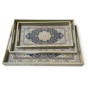 Ensemble de 3 plateaux de service de style arabe - Plateaux gigognes de luxe pour le Ramadan et l'Aïd avec motif de tapis persan et poignées découpées Vert menthe - Product Image 2