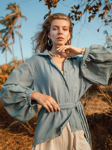 Haut Boho bleu avec manches bouffantes Chemise tricotée taille unique Long uni teint couvrir avec ceinture solide motif Outwear - Product Image 2