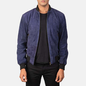 Shane Genuine Sheep Skin Blue <b>Suede</b> Bomber <b>Jacket</b> XS Reversible Zippered Water Proof Casual Aviator Biker Vintage for Autumn - Product Image 1