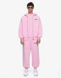 Ensemble de survêtement unisexe rose à capuche en polaire anti-plis, coupe ample longue, 100 % coton, couleur unie, décontracté, imprimé en relief - Product Image 1