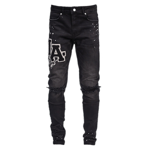 Nouvelle tendance jean brodé ample jambe droite Denim pantalon sérigraphie tissé Denim solide motif cristal Rivet printemps - Product Image 5