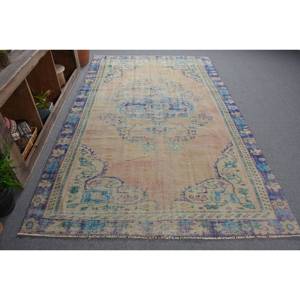 พรมตุรกีวินเทจขนแกะสีเบจสีฟ้า5.6 x 8.9ft แบนถักลายสำหรับตกแต่งห้องนั่งเล่นห้องโถงใช้น้ำยาง - Product Image 1