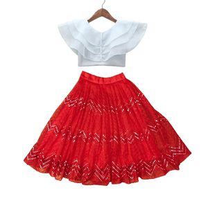 Ensemble ethnique indien pour enfants : Lehenga Choli en tulle rouge, style Shoryam, pour fêtes, avec jupe longue à sequins zigzag et haut blanc à volants - Product Image 3