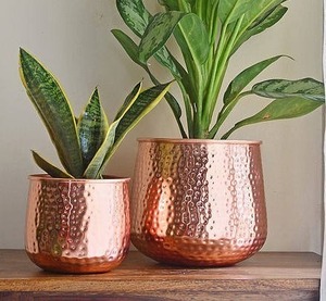 Elegant set of hammered copper planters decorative metal pots for indoor plants <b>shelf</b> or corner decor accents - Product Image 4