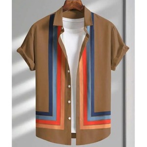 เสื้อเชิ๊ตพิมพ์ลายทางสำหรับผู้ชาย, เสื้อแนวสตรีทลำลองแขนสั้นทรงหลวมโอเวอร์ไซส์และบุปผาแบบ3D - Product Image 5