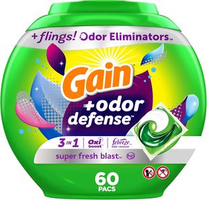 Lessives en dosettes Gain Flings avec protection anti-odeurs, 60 unités, parfum Super Fresh Blast, dosettes de lessive HE 3-en-1 avec Febreze - Product Image 6
