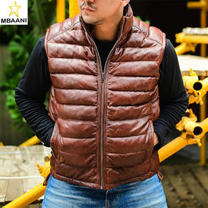 Gilet matelassé en cuir d'agneau avec capuche amovible - Col montant Style décontracté Veste en cuir sans manches pour homme - Product Image 2